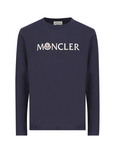 Shop Moncler Logo-patch Long-sleeved Crewneck T-shirt In (blu)