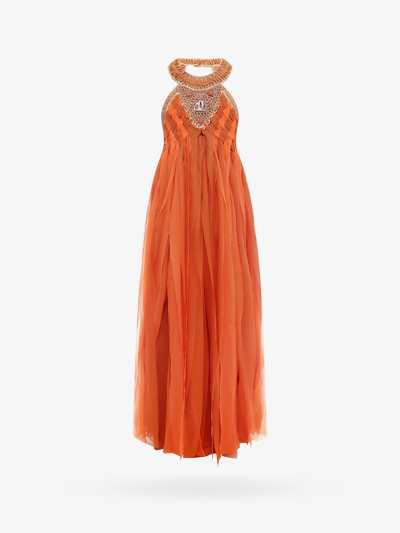 Shop Alberta Ferretti Crew Neck Silk Closure With Zip Long Dresses In Orange