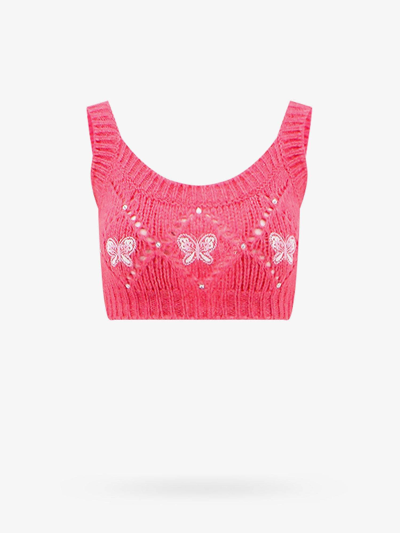 Shop Alessandra Rich Round Neck Sleeveless Rhinestones Top In Pink