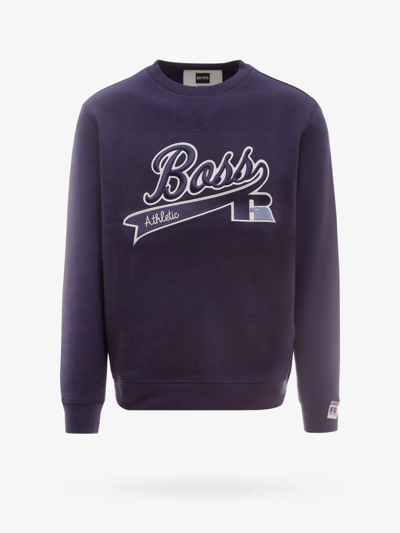 Shop Boss X Russell Athletic Crew Neck Long Sleeves Ribbed Profile Sweatshirts In Blue