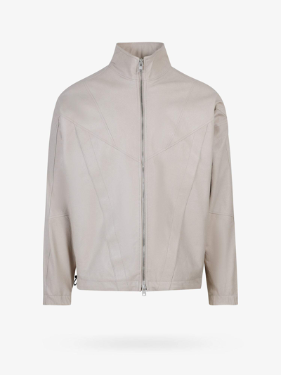 Shop Dfour Leather Zip Closure High Collar Leather Jackets In Beige