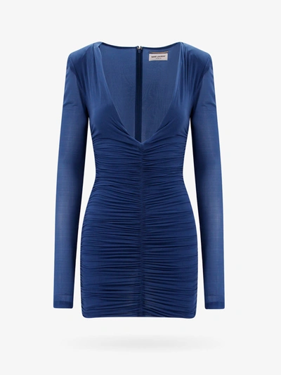 Shop Saint Laurent V-neck Closure With Zip Dresses In Blue