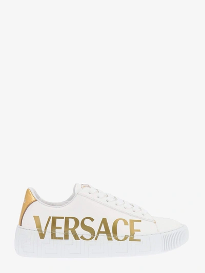 Shop Versace Leather Lace-up Printed Sneakers In White