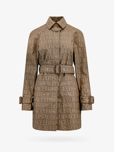 Shop Versace Leather Trench Coats In Beige