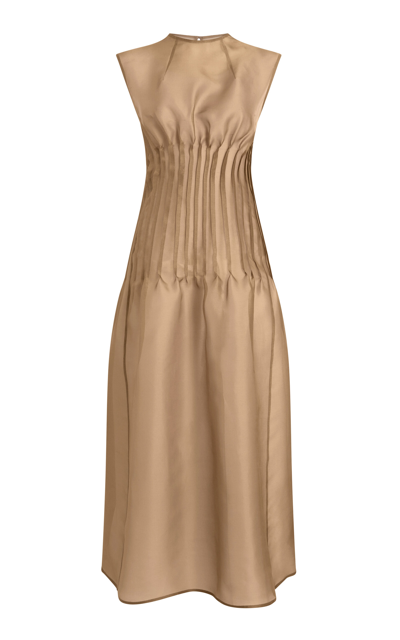 Shop Khaite Wes Pleated Silk Maxi Dress In Brown