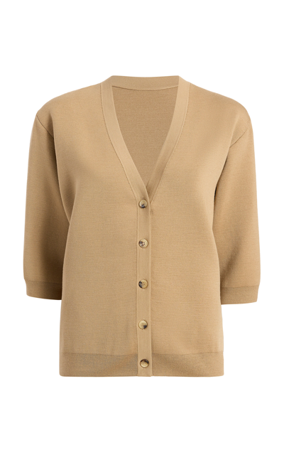 Shop Khaite Tedi Short Sleeve Wool-blend Cardigan In Tan