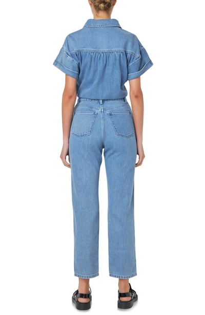 Shop Grey Lab Short Sleeve Denim Jumpsuit In Blue