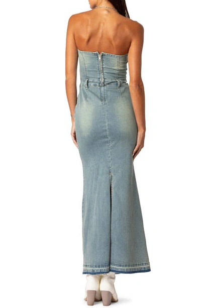 Edikted Astoria Strapless Release Hem Denim Maxi Dress In Blue-washed