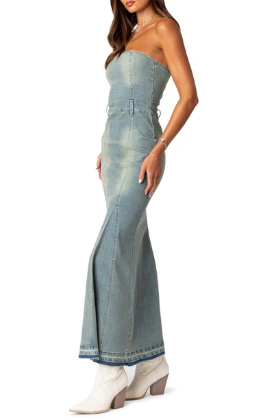 Edikted Astoria Strapless Release Hem Denim Maxi Dress In Blue-washed