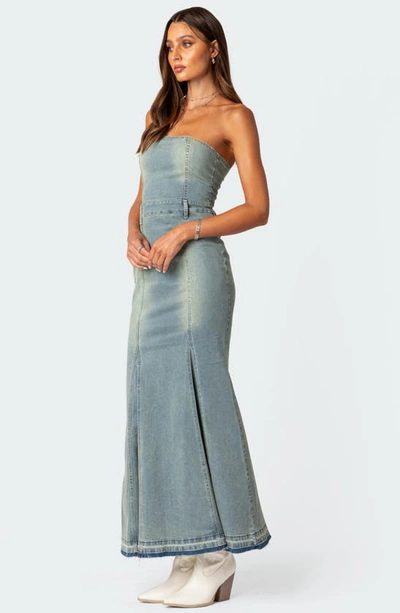 Shop Edikted Astoria Strapless Release Hem Denim Maxi Dress In Blue-washed