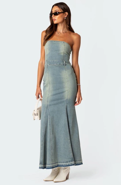 Shop Edikted Astoria Strapless Release Hem Denim Maxi Dress In Blue-washed