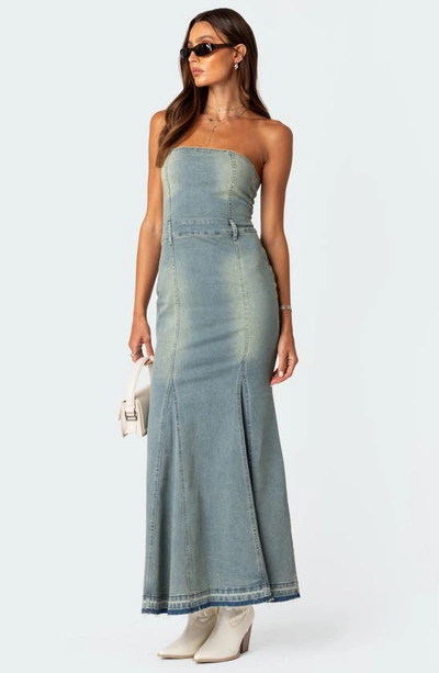 Edikted Astoria Strapless Release Hem Denim Maxi Dress In Blue-washed