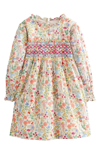Shop Mini Boden Kids' Floral Smocked Bodice Long Sleeve Cotton Dress In Vanilla Fairies