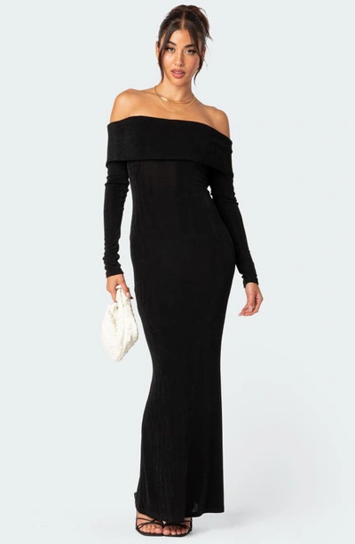 Edikted Susan Off The Shoulder Long Sleeve Maxi Dress In Black