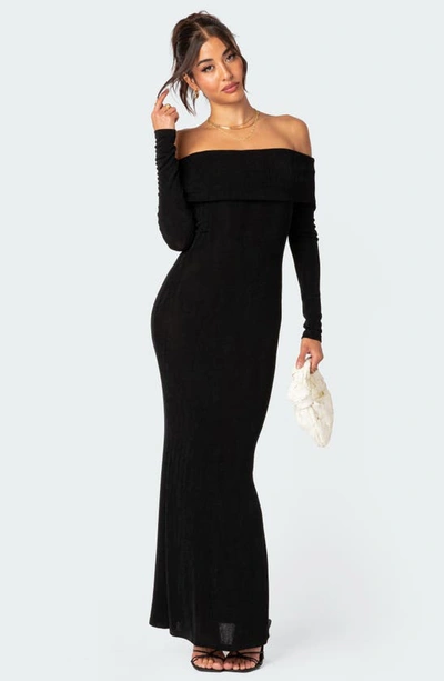 Edikted Susan Off The Shoulder Long Sleeve Maxi Dress In Black