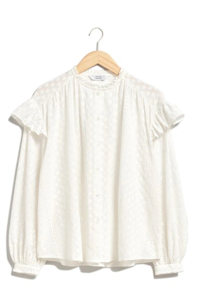 Shop & Other Stories Floral Embroidered Ruffle Cotton Button-up Top In White Embroidery
