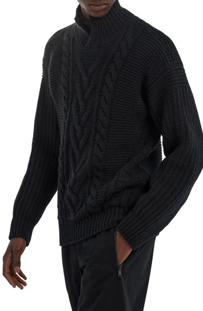 Zegna Cable Stitch Split Turtleneck Cashmere Sweater In Nero