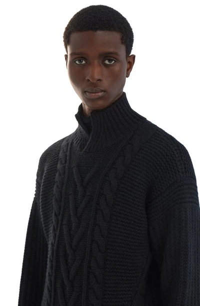 Zegna Cable Stitch Split Turtleneck Cashmere Sweater In Nero