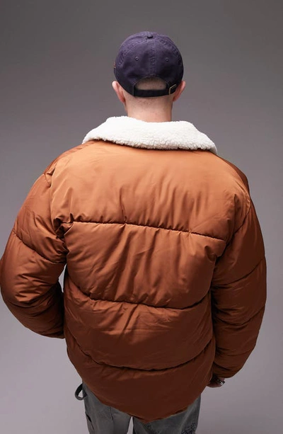 Shop Topman Puffer Jacket With Faux Shearling Collar In Brown