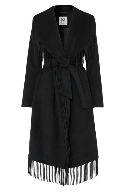 Shop Milly Fringe Trim Wool Blend Coat In Black