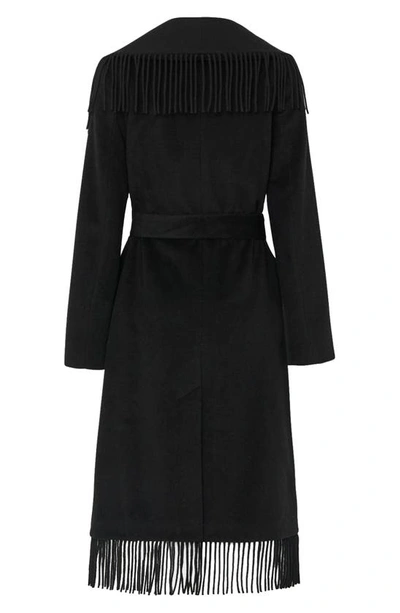 Shop Milly Fringe Trim Wool Blend Coat In Black