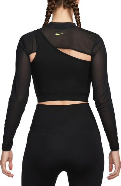 Shop Nike Pro Long Sleeve Crop Top In Black/ Black/ Lt Lemon Twist