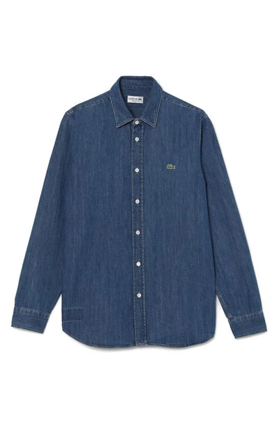 Shop Lacoste Regular Fit Denim Button-up Shirt In Cdz Deep Medium