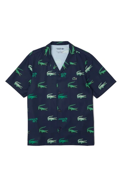 Shop Lacoste Print Short Sleeve Button-up Shirt In Navy Blue
