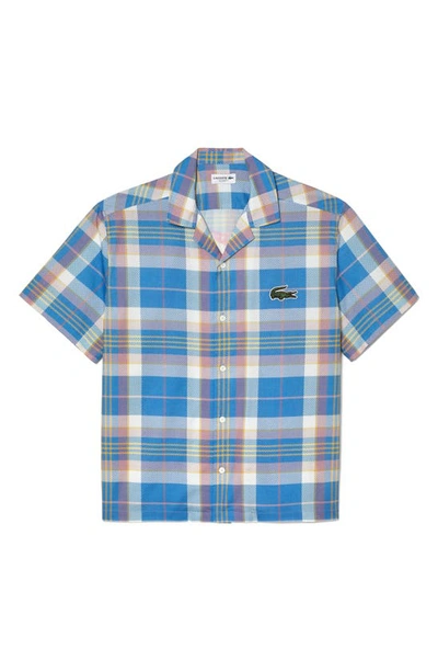 Shop Lacoste Relaxed Fit Plaid Short Sleeve Button-up Camp Shirt In Fiji/ Multicolor