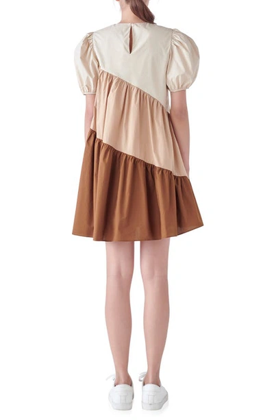 Shop English Factory Colorblock Puff Sleeve Shift Dress In Beige Multi