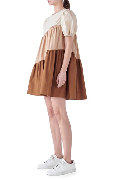 Shop English Factory Colorblock Puff Sleeve Shift Dress In Beige Multi