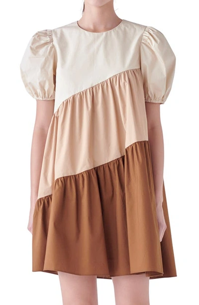 English Factory Colorblock Puff Sleeve Shift Dress In Beige Multi