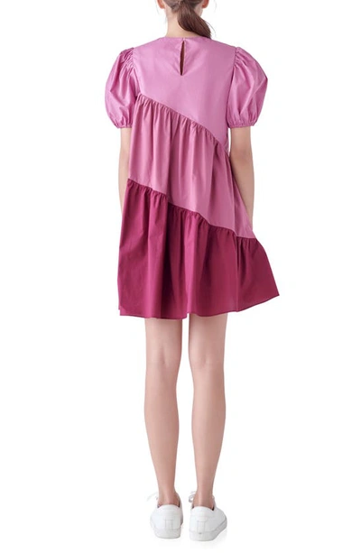 English Factory Colorblock Puff Sleeve Shift Dress In Orchid Multi