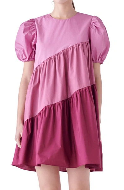English Factory Colorblock Puff Sleeve Shift Dress In Orchid Multi