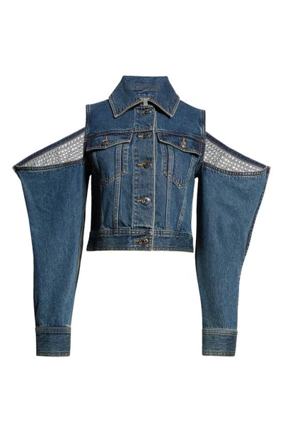 Shop Area Crystal Cutout Sleeve Denim Jacket In Vintage Indigo