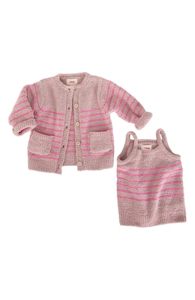 Shop 7 A.m. Enfant Stripe Chenille Recycled Polyester Tank Top & Cardigan Set In Ash Rose Vivid Pink