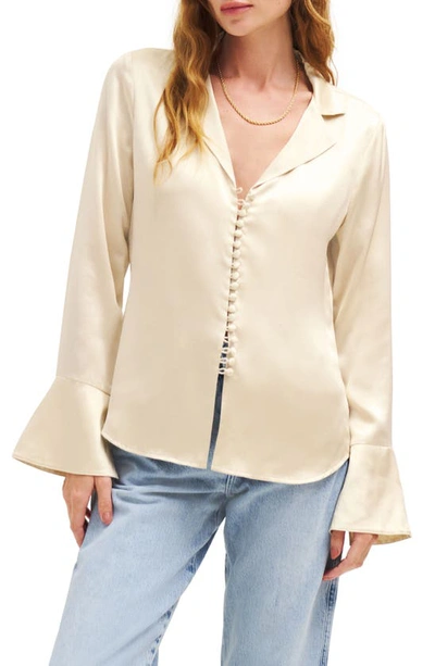 Shop Reformation Jeremiah Silk Button-up Shirt In Almond