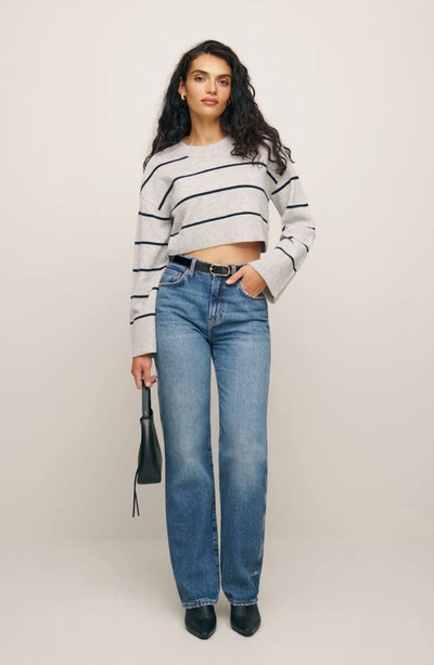 Shop Reformation Paloma Recycled Cashmere Blend Crop Sweater In Light Grey With Navy Stripe
