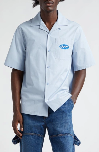 Shop Off-white On The Go Moon Short Sleeve Cotton Camp Shirt In Placid Blue