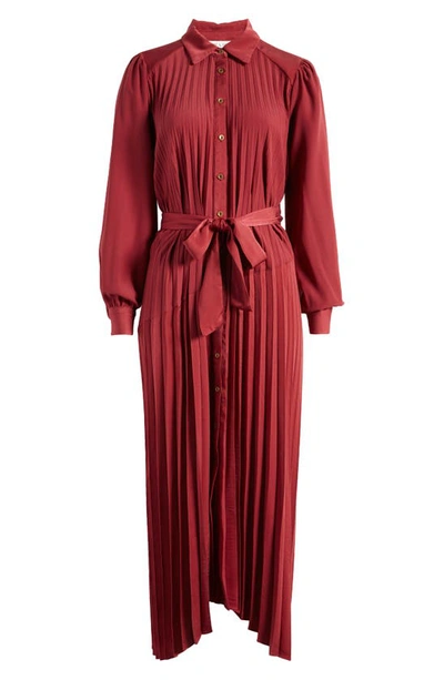 Shop Mila Mae Pleated Long Sleeve Dress In Burgundy