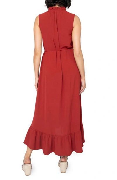 Shop Gibsonlook Sienna Split Neck Tie Waist Ruffle Hem High-low Dress In Rust