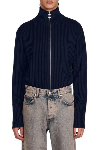 Shop Sandro Rib Zip Front Wool Blend Sweater In Marine