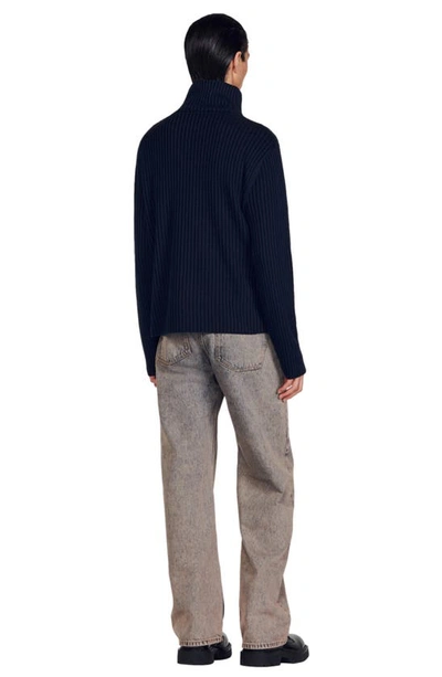 Shop Sandro Rib Zip Front Wool Blend Sweater In Marine