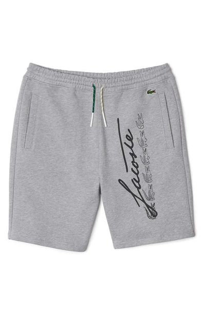 Shop Lacoste Signature Logo Graphic Cotton Fleece Shorts In 4jv Heather Wall Chi