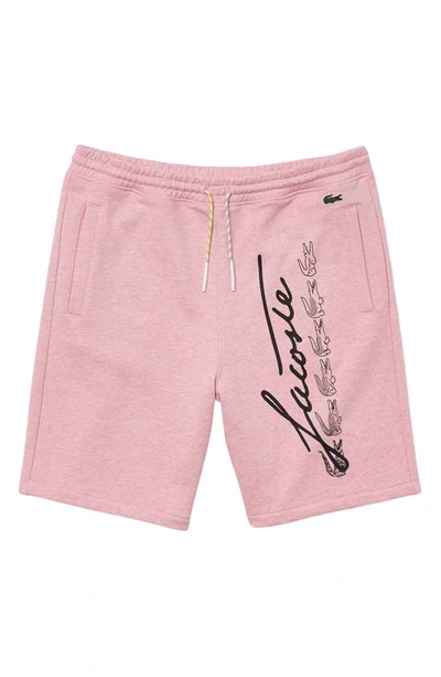 Shop Lacoste Signature Logo Graphic Cotton Fleece Shorts In Hcq Heather Lotus