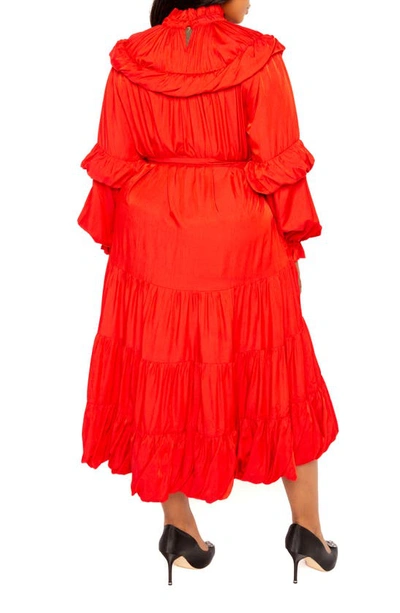 Shop Buxom Couture Belted Bubble Hem Long Sleeve Midi Dress In Red