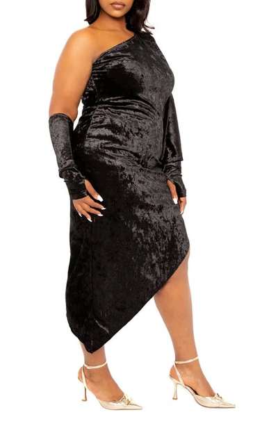 Shop Buxom Couture Crushed Velvet Asymmetric One-shoulder Crushed Velvet Dress & Gloves In Black