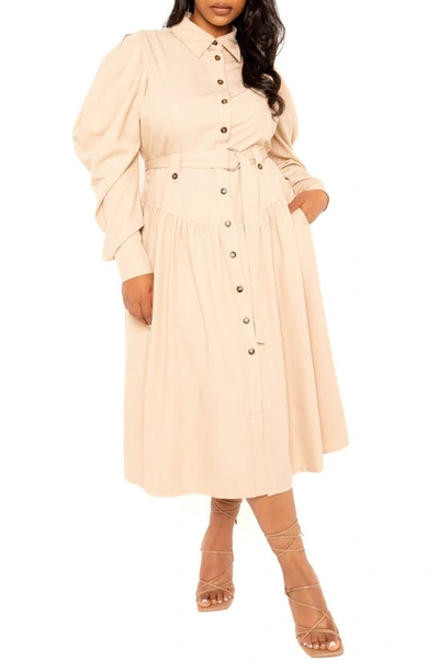 Shop Buxom Couture Long Sleeve Midi Shirtdress In Beige