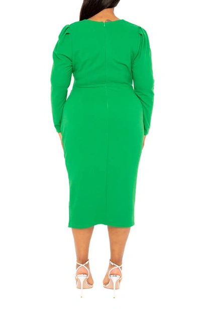 Shop Buxom Couture Puff Shoulder Long Sleeve Asymmetric Midi Sheath Dress In Green