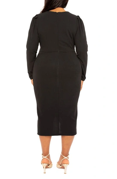 Shop Buxom Couture Puff Shoulder Long Sleeve Asymmetric Midi Sheath Dress In Black